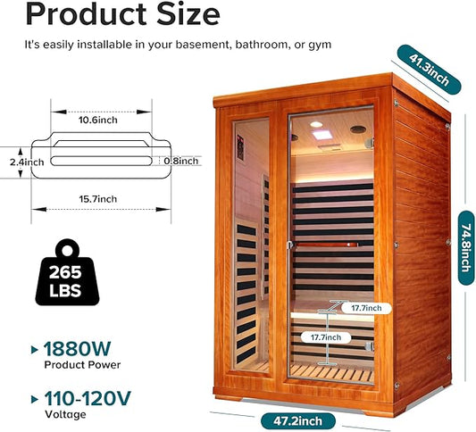 Far Infrared Home Sauna 2 PersonSauna Spa Room 1880W 110V with Red Light Control Panel, Bluetooth Speaker, Reading Lamp(47.2”×41.3“×74.8”)