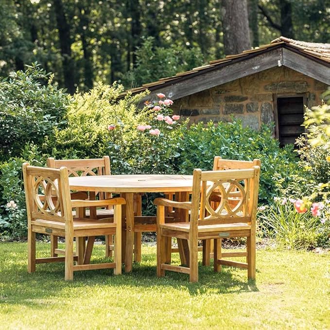 Ash & Ember Savannah Grade A Teak Round Dining Table, 71" Teak Wood Table, Weather-Resistant Premium Solid Wood Furniture, Fits Standard Patio Umbrellas, Fits 6 People Comfortably