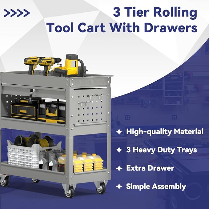 3 Tier Rolling Tool Cart with Drawer, 450 LBS Heavy Duty Utility Cart on Wheels, Service Cart for Garage, Workshop and Warehouse (Gray)