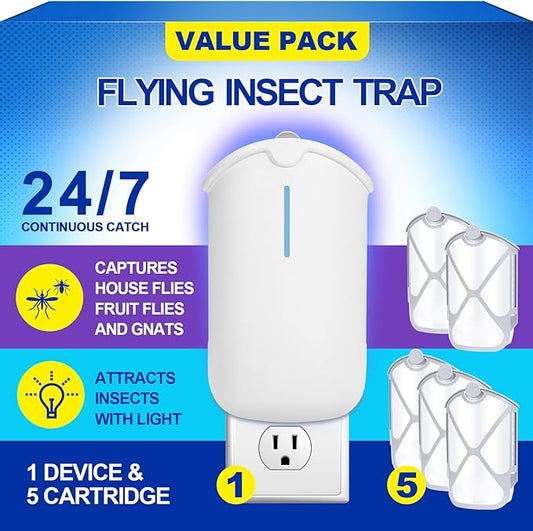 Flying Insect Trap & 5 Cartridges - Attracts and Traps Flying Insects Fruit Flies Mosquitoes - Compatible with ZEVOM364A Refill (1 Plug-in Base + 5 Cartridges)