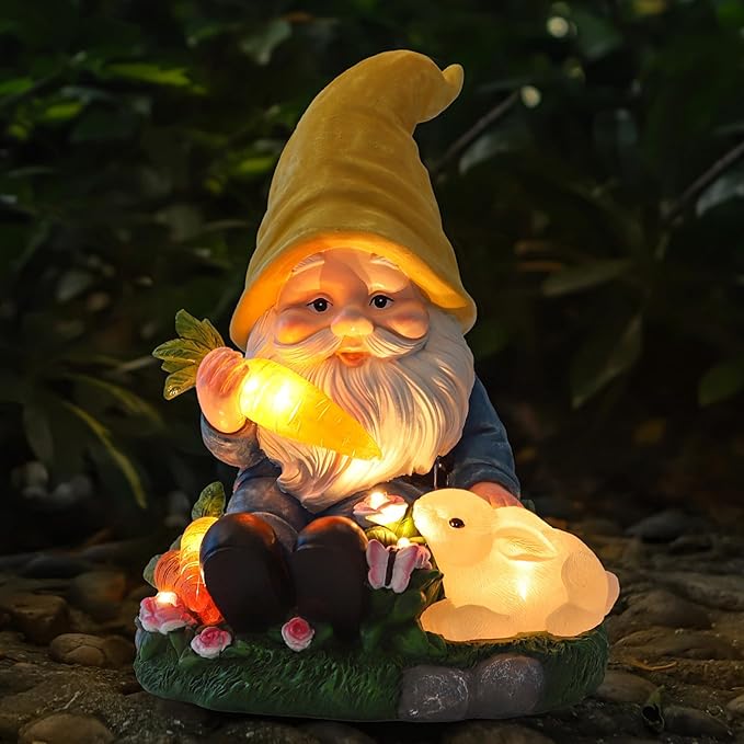 NATASE Solar Garden Outdoor Statues Gnome Feeding Rabbit with 6 LED Lawn Decor Outside Decorations for Patio, Balcony, Yard Ornament Unique Garden Gift