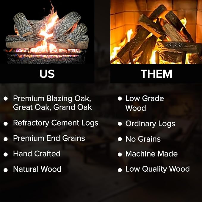 30" Premium Gas Logs - for Vented Fireplaces, Natural Gas or Liquid Propane - Blazing Oak Design (Logs Only)