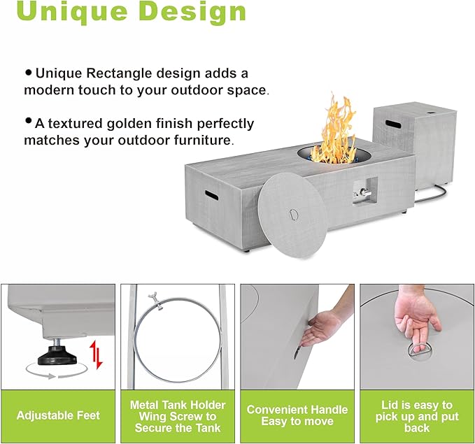 Dineli 2-Piece Outdoor Propane Fire Pit Table Set w Tank Table 48'' Rectangular Firepit Gas Fire Pits for Outside Patio Tabletop Fire Pits w LED, 50,000 BTU (Light Gray with RGB Light)