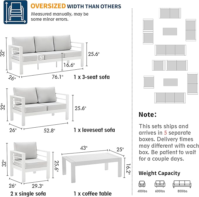 UDPATIO 10 Piece Aluminum Patio Furniture Set, Oversized Modern Outdoor Furniture Set with Olefin Fabric Cushion for Patio Deck Backyard, White (with Waterproof Covers)