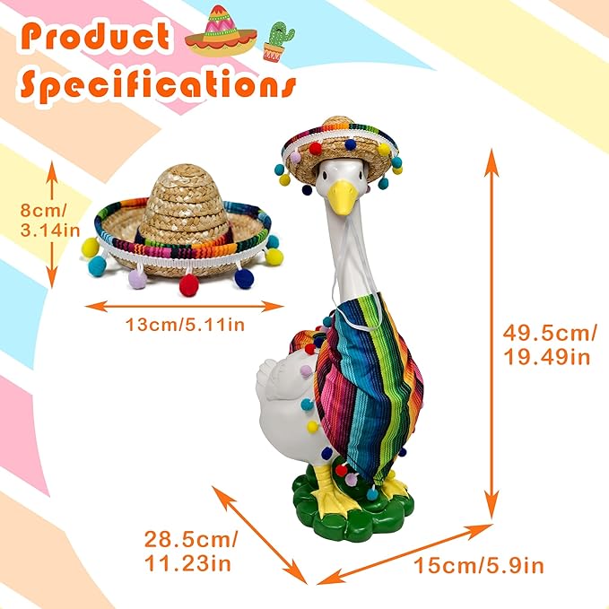 Porch Goose Statues + Porch Goose Outfits, 20" Large Durable Resin Goose Statue Decor with Fun Porch Goose Clothes, Mexican Sombrero Scarf Decorations Diy Indoor Outdoor Garden Patio Yard Lawn Gifts