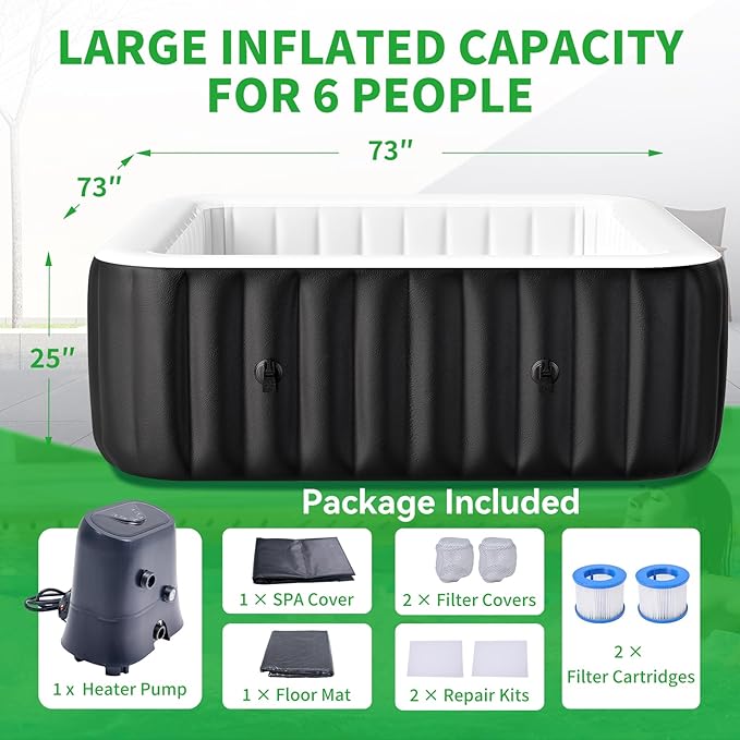 4-6 Person Inflatable Blow Up Hot Tub, Square Portable Hot Tub, Leak-Proof PVC Outdoor Spa with 130 Strong Air Jets, Heater Pump and Insulated Cover, 73” X 73”X 25”