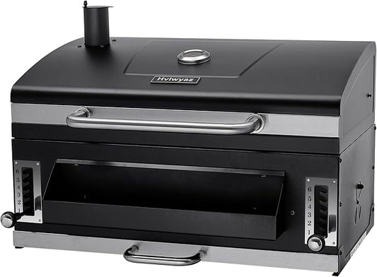 29 In Built-in Barbecue Grill, Charcoal bbq Grills with Liftable Tray, Insulated Hood & Temperature Gauge, Stainless Steel BBQ Barrel for Outdoor Kitchen, Camping, and Park – Black