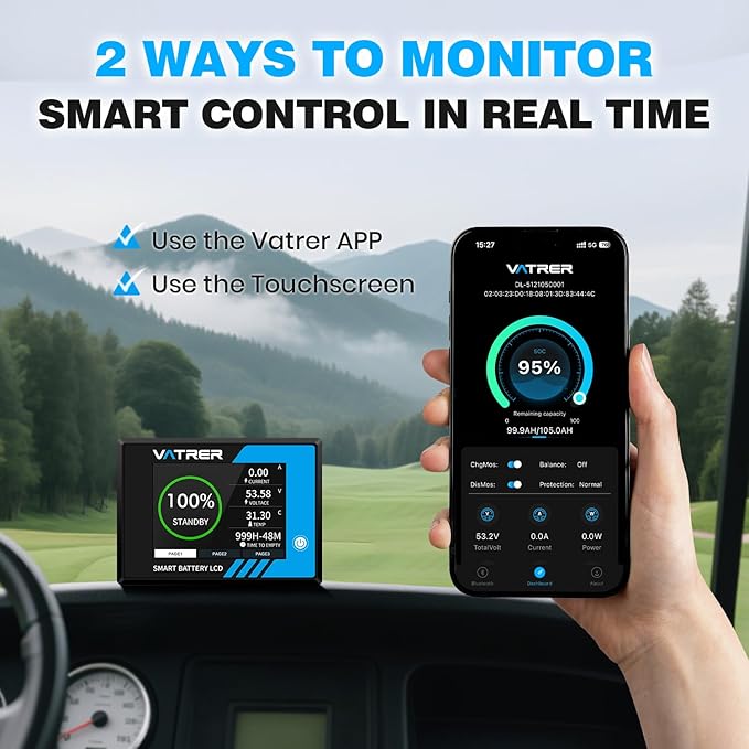 VATRER POWER 48V 105Ah Mini Lithium Golf Cart Battery, Built-in 200A BMS, with LCD Display & APP, 4000+ Cycles LiFePO4 Battery with 20A Lithium Charger, Max 10.24kW, Perfect for Golf Carts