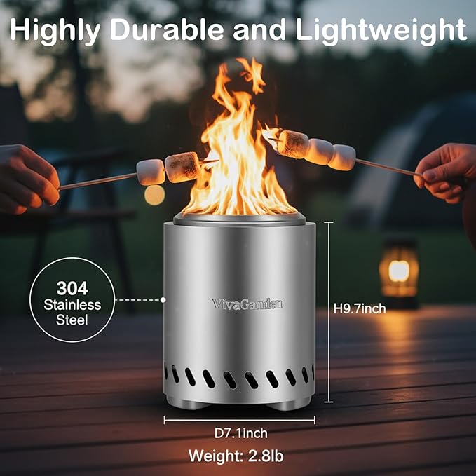 9.7 x 7.1 inch Tabletop FirePit, VivaGarden Portable Fire Pit Outdoor, Wood and Pellets Burning Camping Stove with Carry Bag, Forks, Mat and Pot Stand (Silver)
