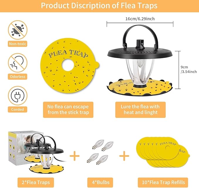 Flea Traps for Inside Your Home,New Bed Bug Trap with Light Refills and Sticky Pads,Electronic Fly Gnat Traps Indoor,Sticky Flea Bombs for Home Indoor(Black, 2 Pack)