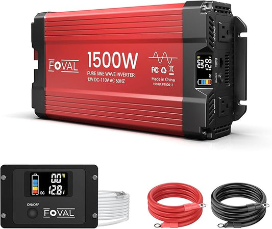 FOVAL 1500W Pure Sine Wave Inverter 12V DC to 110V AC Converter, 3000W Peak Power Inverter with LCD Display and 2 AC Outlets for Home, RV, Truck, and Off-Grid Solar System, Remote Controller
