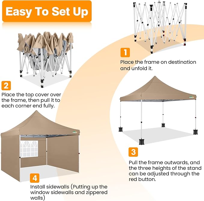 COBIZI 10x10 Pop Up Canopy with 3 Sidewalls, Canopy Tent 10x10 for Parties, Backyard, Commercial, Waterproof and Portable Instant Shelter UV50+ Ez Outdoor Canopy Gazebo with 4 Sandbags(Khaki)