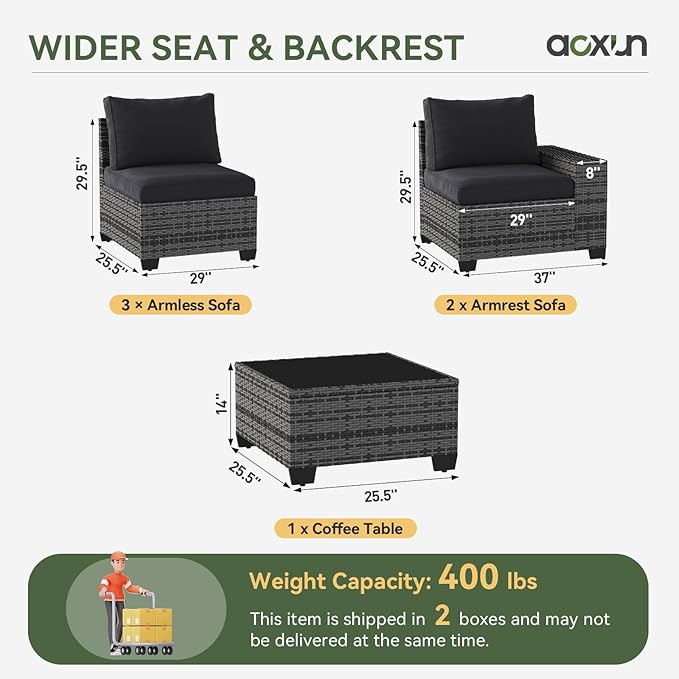 Aoxun Patio Furniture Set, 6 Pcs Outdoor Patio Furniture Sets with 4in Thicken Cushion, Widen Armrests Wicker Outdoor Sectional for Backyard (Include Waterproof Cover)