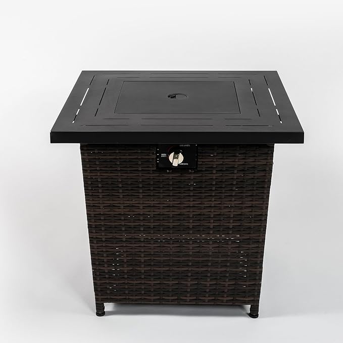 Propane Fire Pit Table, 28 Inch Wicker Firepits for Outside, Square Gas Fire Pit for Outside Patio, Propane Fire Table for Patio, Backyard, Pool, 50,000 BTU, Tank Inside, Black Brown