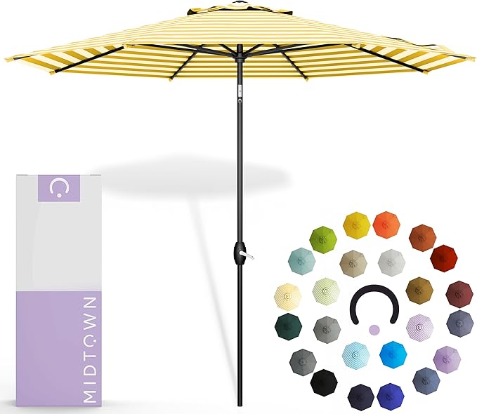 MIDTOWN UMBRELLAS The Lean 9 Feet Outdoor Umbrella With Terylast Sunny Stripes (White/Yellow Stripes) Polyester Fabric - Auto-Tilt Aluminum Frame Patio Umbrella For Deck, Garden, Pool - Black Pole