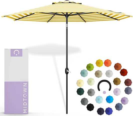 MIDTOWN UMBRELLAS The Lean 9 Feet Outdoor Umbrella With Terylast Sunny Stripes (White/Yellow Stripes) Polyester Fabric - Auto-Tilt Aluminum Frame Patio Umbrella For Deck, Garden, Pool - Black Pole