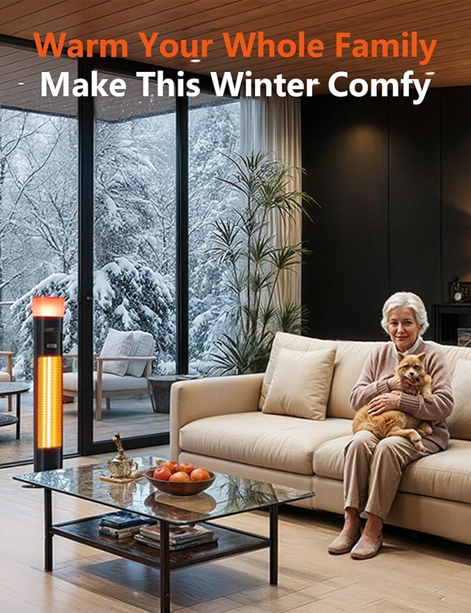 Electric Infrared Patio Heater, Built-in Speaker & 16-color Mood Lights, 43 inch, IP65 Waterproof, 24H Timer, 1500W, Sleek Aluminum Unibody Outdoor/Indoor