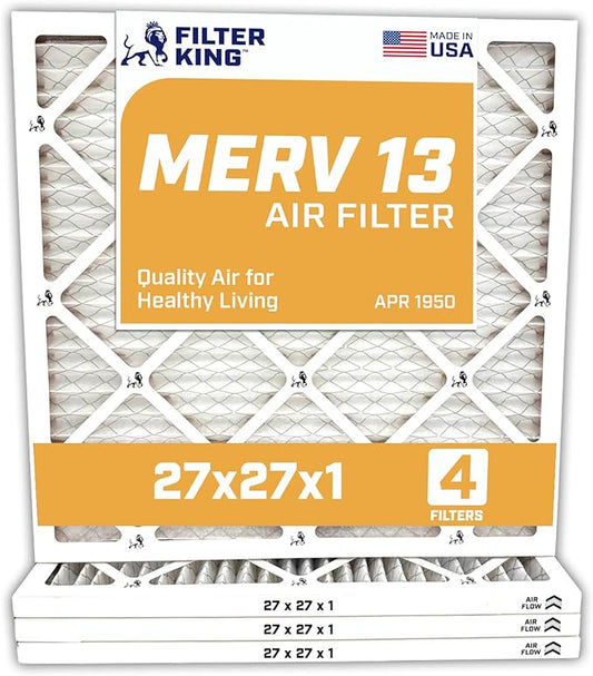 Filter King 27x27x1 Air Filter | 4-PACK | MERV 13 HVAC Pleated A/C Furnace Filters | MADE IN USA | Actual Size: 26.5 x 26.5 x .75"