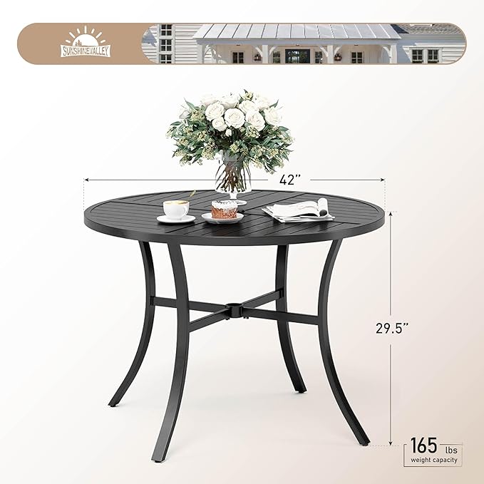 42" Round Patio Table for 4, Patio Dining Table with Umbrella Hole,E-Coating and Powder Coating Steel Frame Metal Outdoor Patio Table for Garden Backyard Lawn Yard