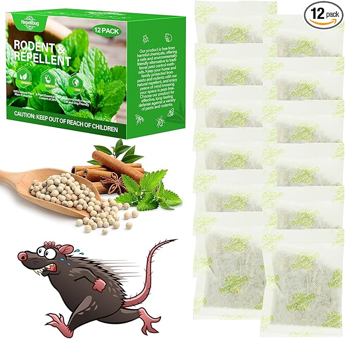 Pest Control Pouches, 12 Pack Peppermint Oil for Mice Rodent Rats Squirrel Pests Repellent Indoor Outdoor Use, Rodent Rat Mouse Deterrent Family Pet Safe Ideal for House Garage Warehouse