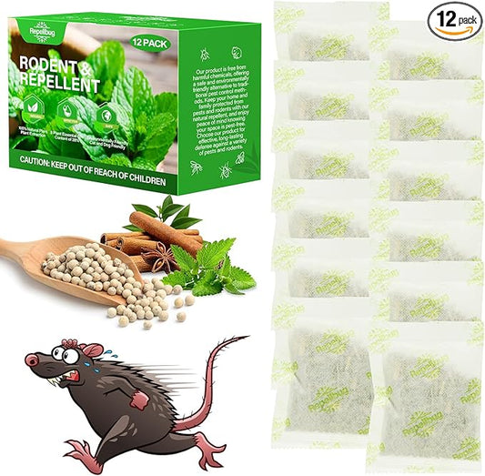 Pest Control Pouches, 12 Pack Peppermint Oil for Mice Rodent Rats Squirrel Pests Repellent Indoor Outdoor Use, Rodent Rat Mouse Deterrent Family Pet Safe Ideal for House Garage Warehouse