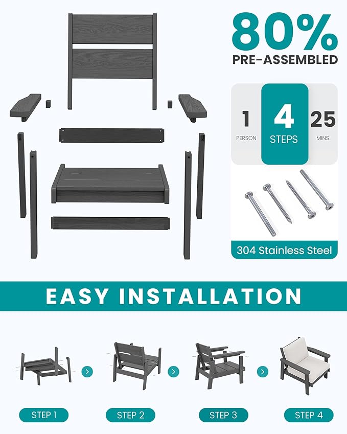 SERWALL Outdoor Patio Furniture Set, 5 Piece HDPE Patio Conversation Sets, All-Weather Wood-Like Outdoor Couch Loveseat and Coffee Table with Thick Cushions for Porch Balcony Garden Backyard
