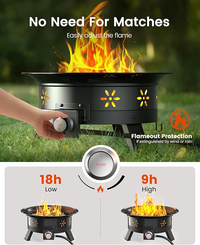 AMADA HOMEFURNISHING 24″ Propane Fire Pit with Grill Grate, 58,000 BTU, Folding Legs, Propane Tank Holder, Cover, and Carry Strap, No Ignition Needed, Easy Flame Adjustment, Portable