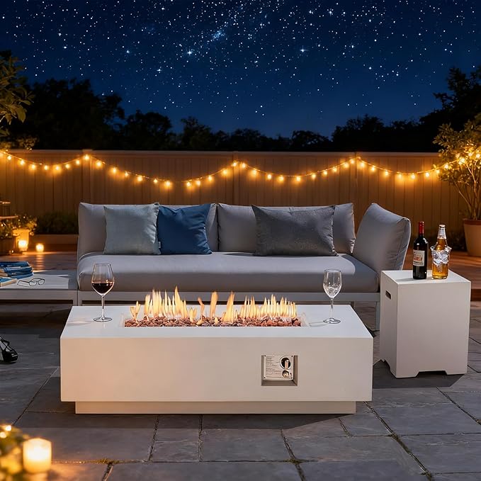 ECOTOUGE 2-Piece Propane Fire Pit Table, Outdoor Gas Fire Pit Set w/Tank Cover,56'' Auto-Ignition Steel Fire Table, 50,000 BTU Rectangle Concrete Fire Pit w/Weather-Resistant Pit Cover,White