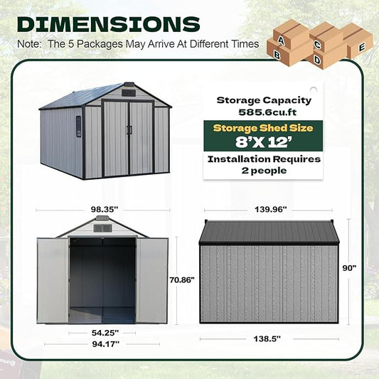 MELLCOM 8 x 12 FT Outdoor Resin Storage Shed with Floor, Garden Storage Shed with Windows and Lockable Door, Resin Tool Shed for Lawnmower, Bike, Pool Supply