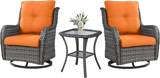 Belord Outdoor Swivel Rocker Wicker Chairs Set of 3, High Back Swivel Patio Chairs Wicker Furniture Set, 2 PCS Rattan Swivel Rocking Chair with Side Table, Orange Cushion