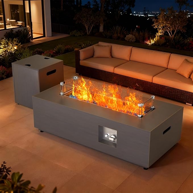 Outdoor Fire Pit Table Propane Gas Fire pits &Outdoor Fireplaces 42″ Rectangular Firepit Table, 50,000 BTU Fire Table for Patio Set, Sand