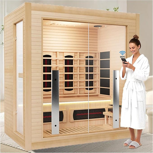 3-4 Person Hybrid Home Wood Sauna, Indoor WiFi Control Far Infrared & Traditional Canadian Hemlock Steam Saunas Spa with Red Light Therapy, 11 Heating Elements & Electric Stove, Accessories, Leftdoor