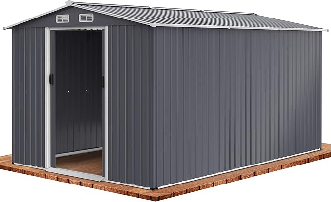 Outdoor Storage Shed 8 x 12 FT Large Metal Tool Sheds, Heavy Duty Storage House with Sliding Doors with Air Vent for Backyard Patio Lawn to Store Bikes, Tools, Lawnmowers Grey