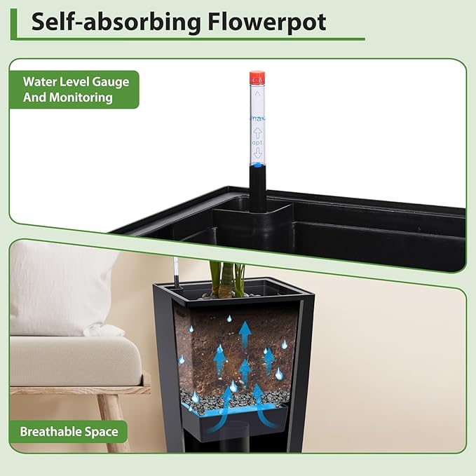 CABIHOME 30 Inch Tall Outdoor Planters Set of 2, High Front Porch Planter Pots with Drainage Holes, Water Level Monitor and Wheels, for Porch or Patio, Black