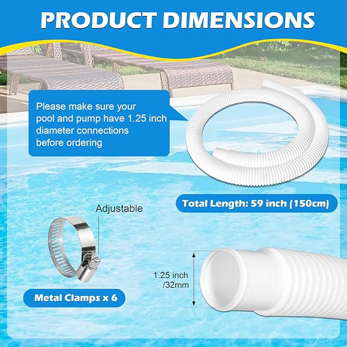 3 Pcs 1.25" Pool Hose, 59" Long Accessory Pool Pump Replacement Hoses, Compatible with All Above Ground Pool Filter Pumps that Use 1 1/4 Diameter Hoses