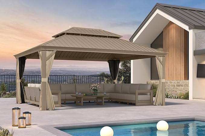 PURPLE LEAF Outdoor Gazebo 13'X17'，Champagne Hardtop Gazebo with Galvanized Steel Double Roof, Permanent Patio Gazebo with Curtains and Netting for Patio Lawn Garden and Deck