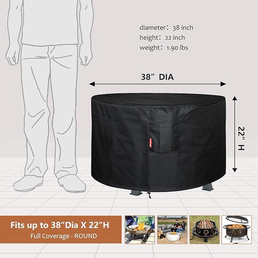 SheeChung Round Gas Fire Pit/Table Cover-Fit 34-38 inch Outdoor Firepit Bowl,600D Heavy Duty Patio Cover,100% Weather Resistant&Waterproof for Backyard,Porch,Deck,Camping,Grill,38”Dia X 22”H