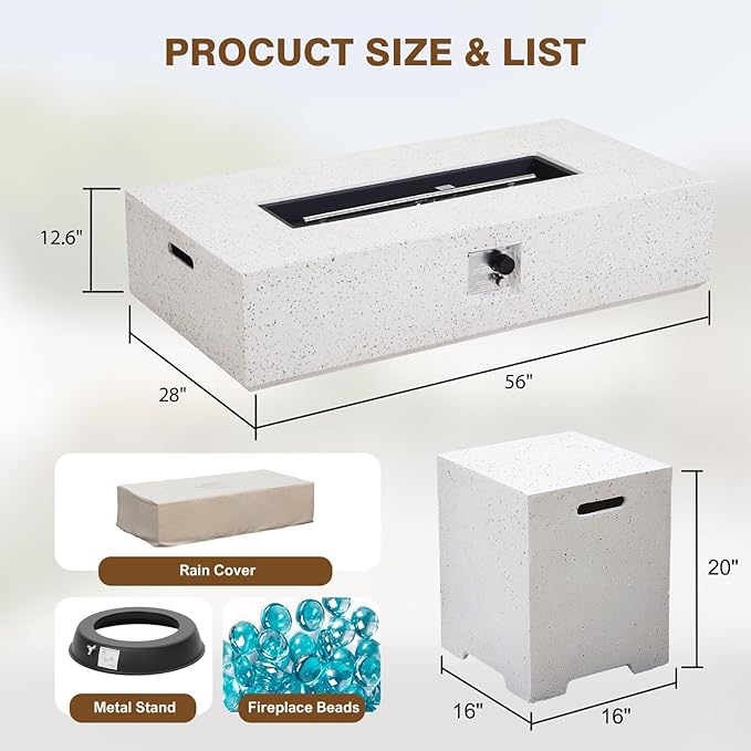 2-Piece Outdoor Propane Fire Pit Table Set – Premium Terrazzo-Like MgO Finish, Sturdy & Waterproof 56-Inch Gas Fire Table with Tank Table, Garden & Backyard, Includes Rain Cover & Glass Beads