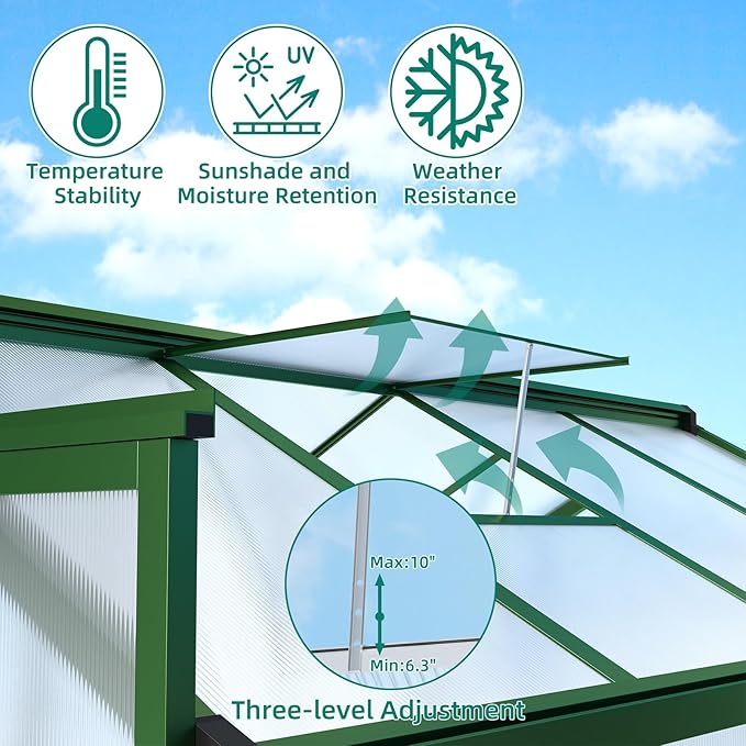 8x12 FT Greenhouse - Large Aluminum Greenhouses for Outdoors, Heavy Duty Polycarbonate Greenhouse with Roof Vent&Ground Nails, Walk-in Green Houses for Garden, Backyard, Patio, Easy Assembly