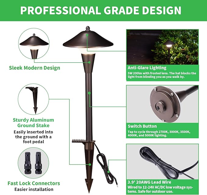 Varmtalys Hardwired Landscape Path Lights, Warm & Cool White Selectable Pathlight 12V, Low Voltage Walkway Light Waterproof, 5W 200LM ORB Metal Outdoor Lighting for Driveway Garden Sideway (6 Pack)
