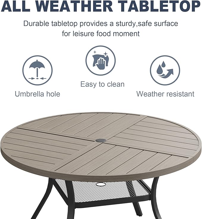 VICLLAX Round Patio Dining Table, 4-6 Person Metal Outdoor Dining Table with Umbrella Hole and Storage Shelf for Garden Lawn Deck, 47.2" Grey