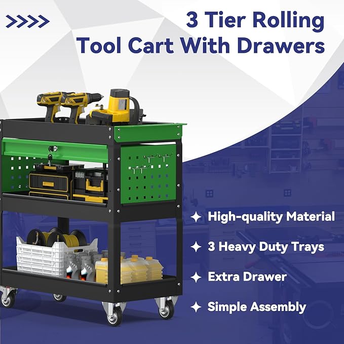 3 Tier Rolling Tool Cart with Drawer, 450 LBS Heavy Duty Utility Cart on Wheels, Service Cart for Garage, Workshop and Warehouse (Black&Green)