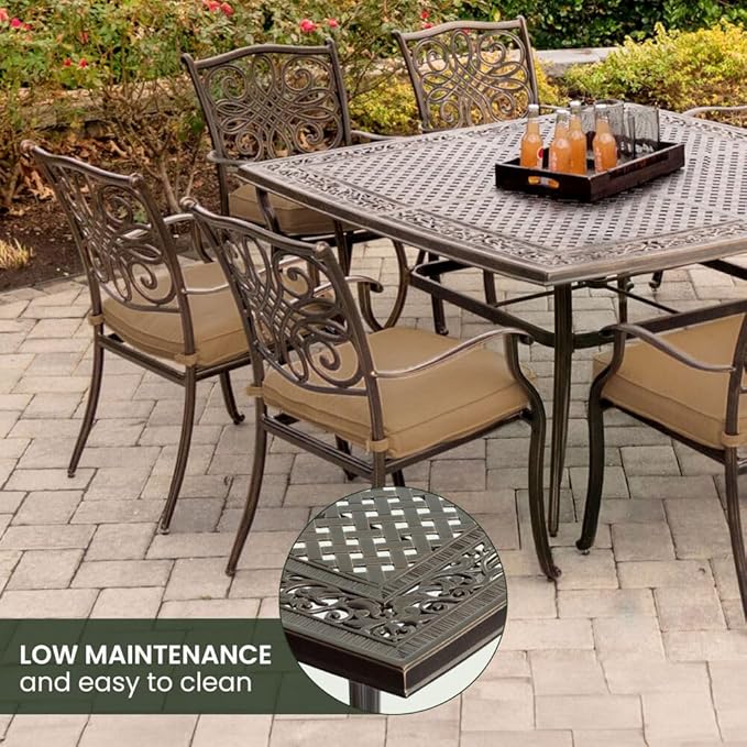 Hanover Traditions 9-Piece Patio Dining Set with 60" Square Cast-Top Dining Table and 8 Chairs with Tan Cushions, Modern All Weather Outdoor Dining Set with Rust-Resistant Aluminum Frames for Backyard