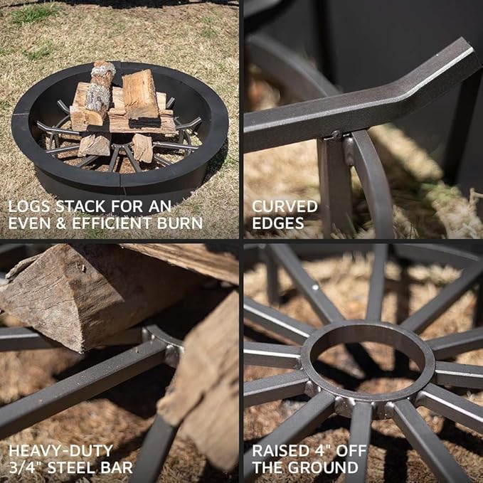 Ash & Ember 32" Wagon Wheel Fire Grate, High-Efficiency Smoke-Free Fireplace Log Grate, Decorative Wood Burning Lifted Grate Pit, Sandblasted Steel with Light Oil Coating