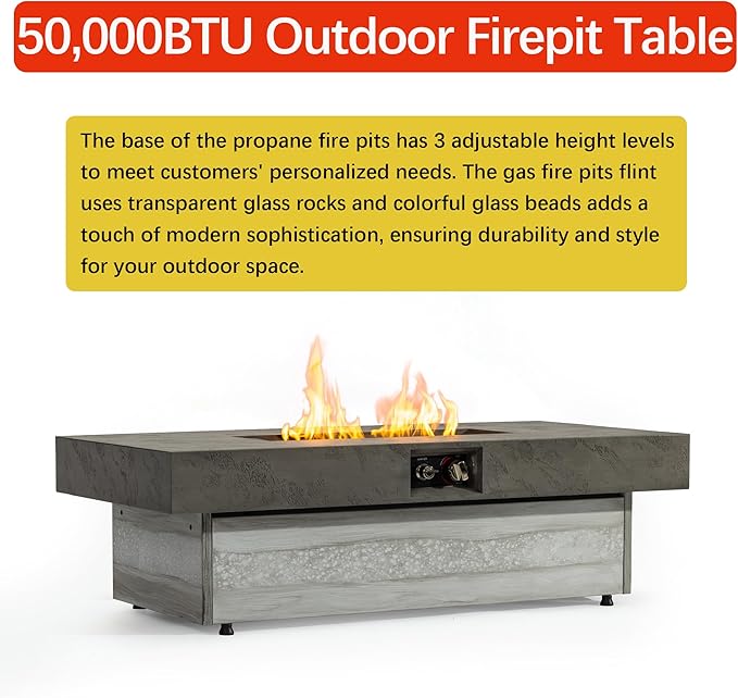 48"×24" Tabletop Propane Fire Pits,50000BTU Outdoor Firepit Table Suitable for Outdoor, Patio, Balcony,Three Height Adjust