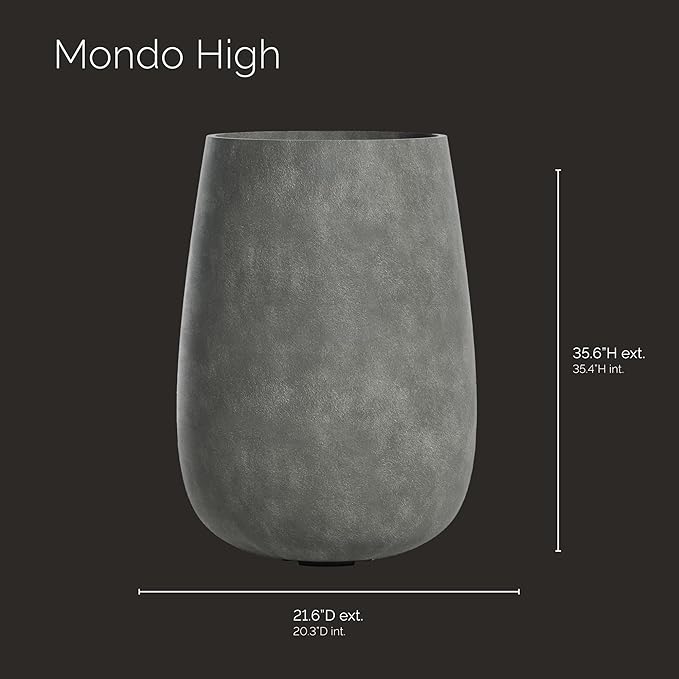 Mondo High Tall Planter – Grey Stone Finish – Fiberglass Indoor/Outdoor and Weather-Resistant Round Planter (21.6" D x 35.6" H Exterior, 20.3" D x 35.4" H Interior)