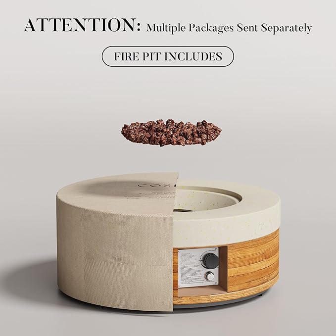 COSIEST 28" Outdoor Propane Fire Pit Table, Small Round Gas Fire Pit Table with Concrete & Log Wood Grain Design, 50000BTU Fire Tables for Patio, Backyard, Garden Heating