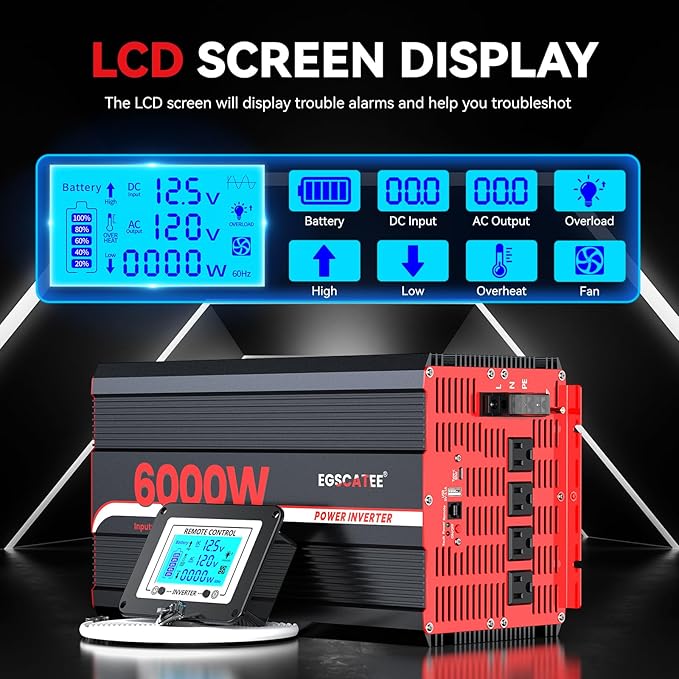 6000W Power Inverter 12V DC to 120V AC Converter for Truck, Home, RV, Peak 12000W Off-Grid Solar Power Inverter with 4 AC Outlets, USB Port,Type-C Port, Remote Controller with LCD Screen