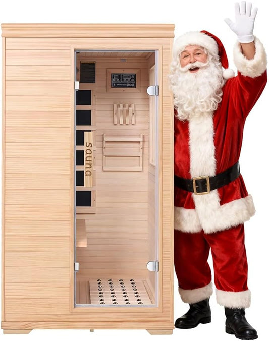 Homsido Far Infrared Home Sauna for 1 Person, 1050W Canadian Hemlock Wood Indoor Sauna Room with 5 Low-EMF Heating Panels, Bluetooth Music, Chromotherapy Light, Side Door for Bedroom, Gym, Basement