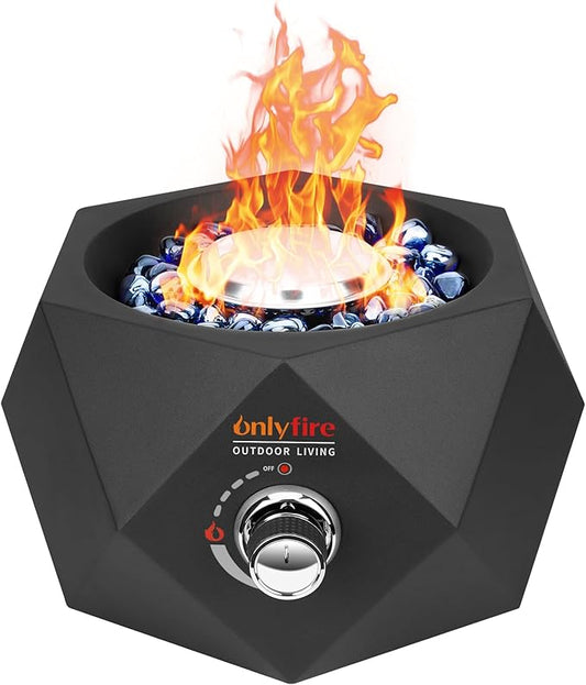 ONLYFIRE OUTDOOR LIVING Propane Gas Fire Pit Bottom-Mounted, 14" Portable Gas Firepit with Glass Stones for Table with Umbrella Hole for Outdoor Patio Camping Bonfire RV, #FP003